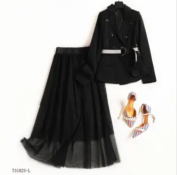 

European style 2019 New arrivals summer Spring fashion women clothes solid color blouse + mesh skirt casual suit T3102