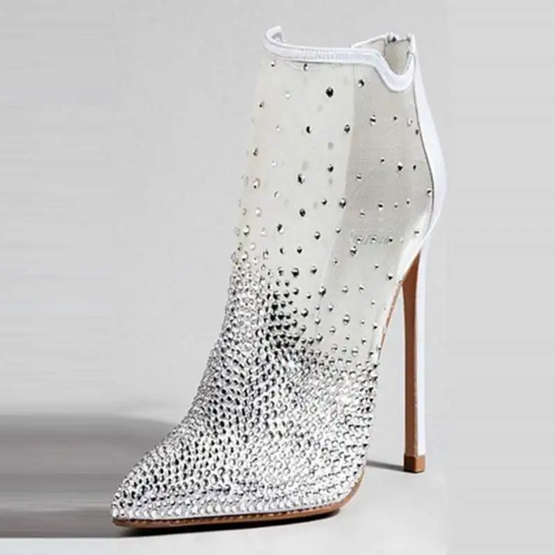

Thin High Heels Glitter Crystal Lace Mesh Boots Women's Larger Size 43 44 45 Point Toe Ankle Boots Sexy Woman Wedding Boots Shoe