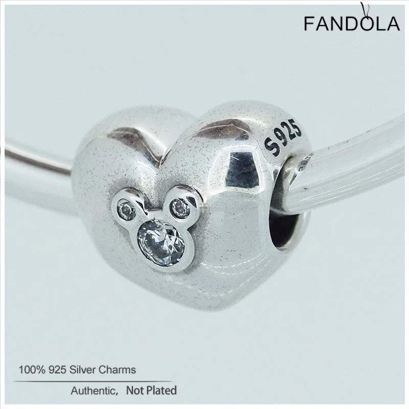 

100% Real 925 Sterling Silver Heart of Mickey Beads Charm Fits Original Brand DIY Bracelets Women Jewelry Making Promotion