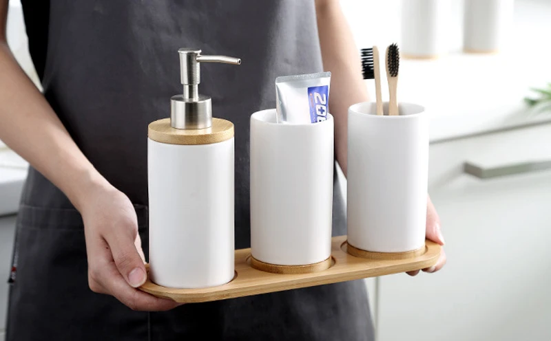 Матовая керамическая креативная многофункциональная зубная щетка, бамбуковые стаканы для ванной комнаты, бутылка для хранения посуды, контейнер для жидкости, набор