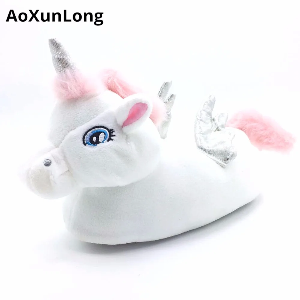 melhor AoXunLong Unicornio Winged Unicorn Chinelos Bonito Chinelos Em Casa de Inverno das Mulheres Meninas Pokemon Plush Quente Indoor Chinelos Mulheres Quente