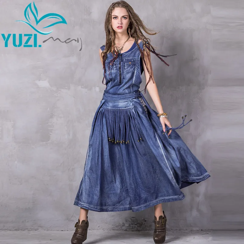 

Women Summer Dress 2017 Yuzi.may Boho New Denim Vestidos A-Line Belted Embroidery O-Neck Swing Hem Maxi Sundresses A8205