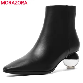 

MORAZORA 2020 new arrival women ankle boots genuine leather pointed toe autumn winter crystal high heels boots woman dress shoes