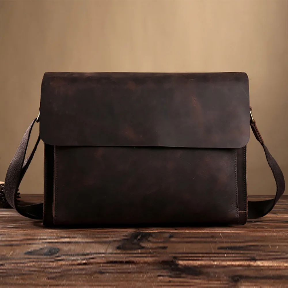 Crazy Horse Cowhide Vintage Business Briefcase Genuine Leather Men Laptop Shoulder Bag Famous Brand Cross Body Messenger Bags