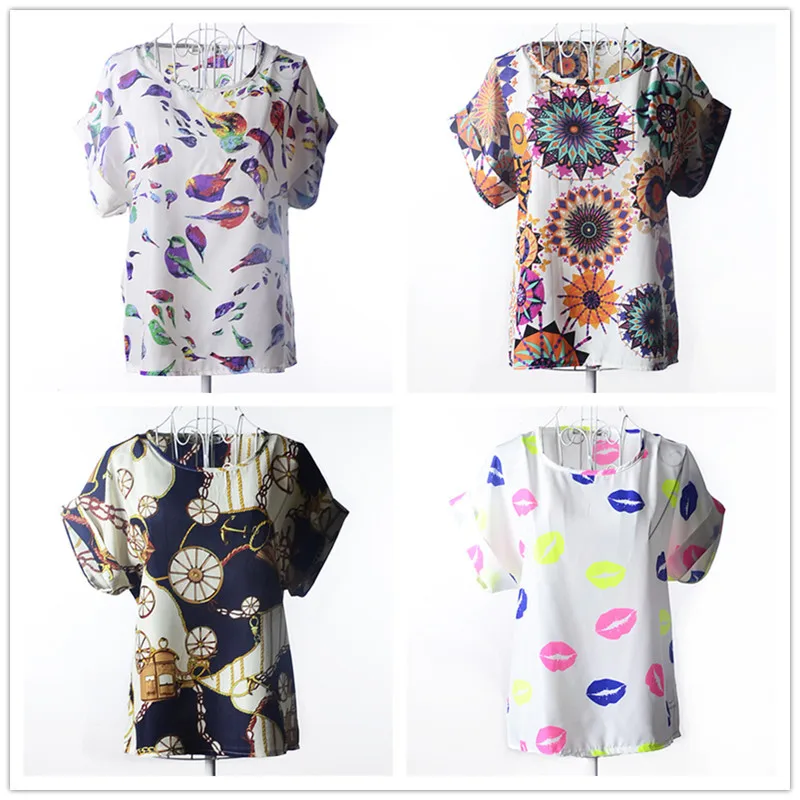 Summer Stars Blouse Women Sunflower Bird Chiffon Print Blouse Stripe Plaid Shirt Cross Love Blouse Short Sleeve Lipstick Shirts (2)