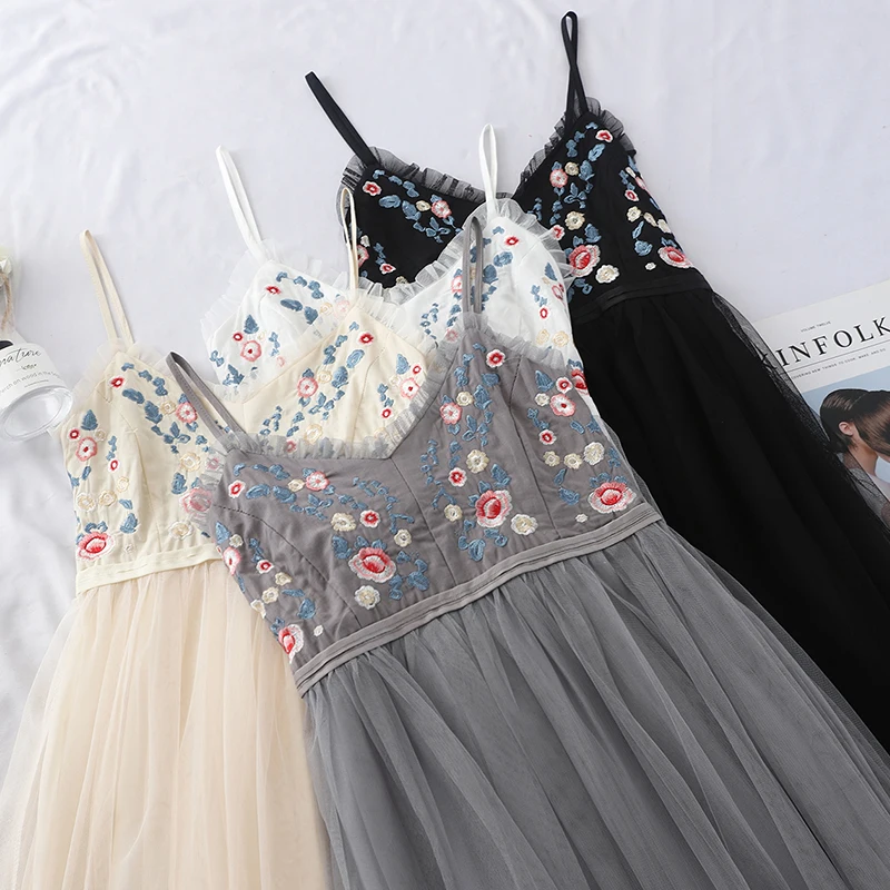 

Women Summer Beach Dress 2019 Sweet Frill Floral Embroidery Mesh Dress V Neck Spaghetti Strap Party Sexy Midi Dresses Sundress