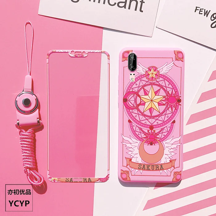 

For huawei P30/ p30pro Pink Sakura TPU case, front tempered glass for huawei nova2s/ nova3e /P20 P20pro nova4e Magic Array strap