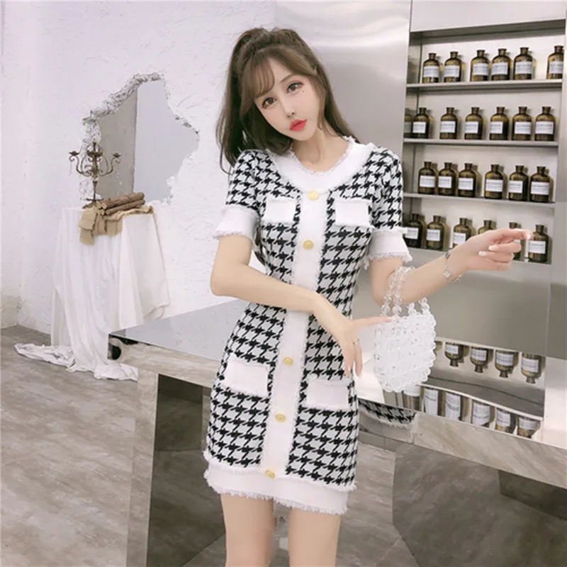 New Fashion Runway Jacquard Summer Dress Elegant Women Vintage Black White Houndstooth Dresses Ladies knitted Dress - Color: picture color