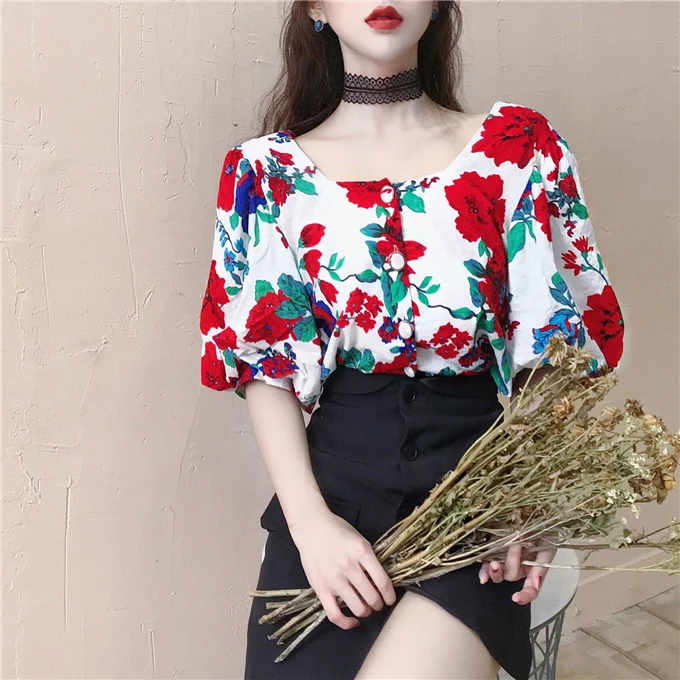

Summer Women Blouses Short Sleeve Women Puff Sleeve Floral Blouses Female Short Sleeve Flower Shirts Lady Cotton Flower Tops