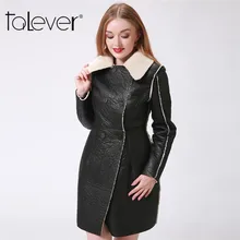Fashion Women Winter Jacket Black Faux Leather Lamb Wool Warm Long Coat Elegent Plus Size Fur Collar Trench Outwear Talever