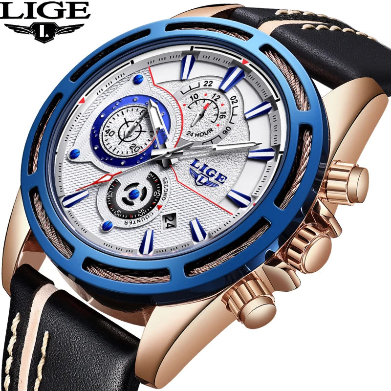 

LIGE Mens Watches Top Brand Luxury Mens Military Sports Watch Men's Casual Large Dial Quartz Leather Watch Relogio Masculino+box