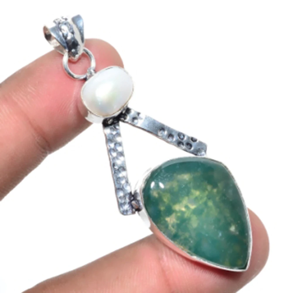 

Moss Agates,Pearls Pendant Silver Overlay over Copper, USA Size 61 mm , P5992
