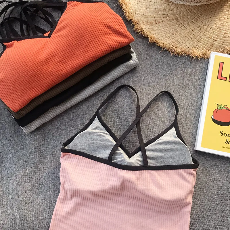 Girls Crossed Straps Short Camis Tops With Seperated Bra Women Padding Tanks Crop Tops For Female