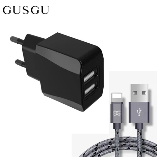 GUSGU Dual USB зарядное устройство для iPhone 7 8 6 X S Max iPad EU вилка адаптер для путешествий настенное зарядное устройство 2A зарядный кабель для Lightning 1,5 м - Тип штекера: Black-Grey