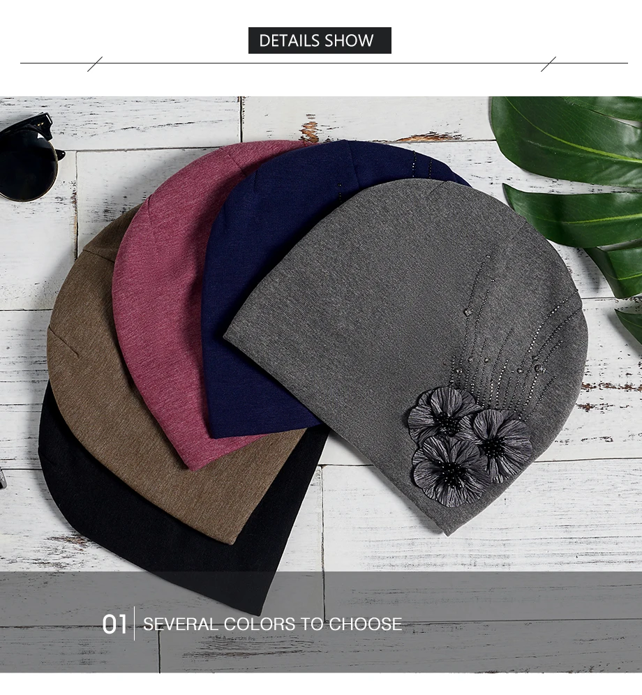 2018 Autumn Female Beanie Bonnet With Rhinestone Hats Three Flowers Caps Knitted Cotton For Women Warm Beanies Slouchy Skullies (15)
