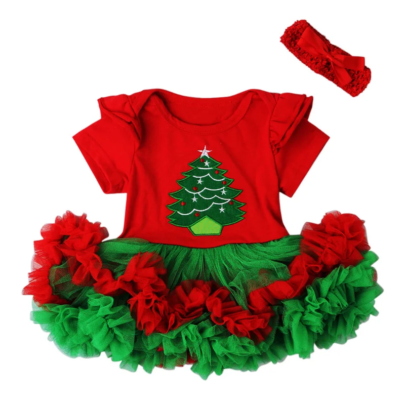 Платье для малышей с рождественской елкой кружевное платье-пачка для маленьких девочек вечерние платье для новорожденной комбинезон+ повязка на голову комплект детской одежды