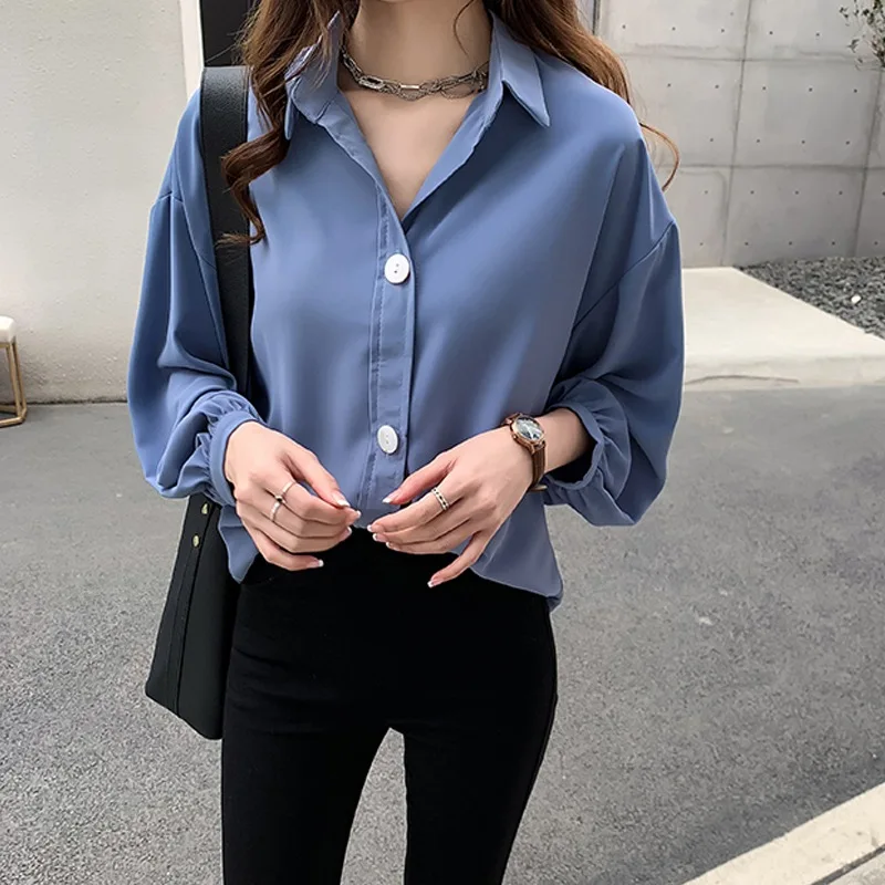 Женская однотонная Свободная блузка с длинным рукавом OL модная шифоновая блузка с отложным воротником blusas mujer de moda 2019 корейский стиль плюс