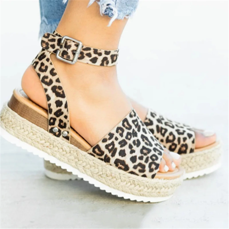 

2019 Summer Large Size Leopard Female Sandals Hemp Thick Bottom With Ladies Slippers Fashion Retro Suede Flip Flops Shoes