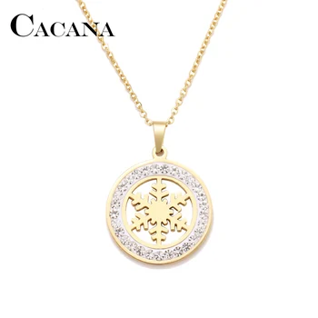 

Cacana Stainless Steel Crystal Round Pendants Necklace Women Choker Jewelry Snowflake Trendy Necklaces Chain Valentine's Day