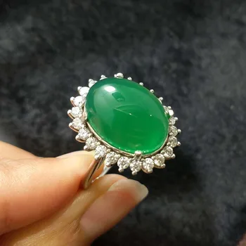 

FLZB ,Real Natural Green Chalcedony Ring 100% 925 Sterling Silver with Gold Ring For Woman Charming Ring
