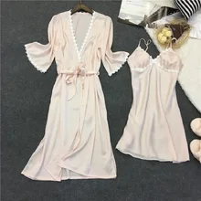 Женская ночная рубашка, набор, цветная, на бретельках, с подушечкой на груди, вискоза, шелк, кружево, ночная рубашка, халат, 2 шт., мягкая Домашняя одежда, халаты, кружево, 2 шт