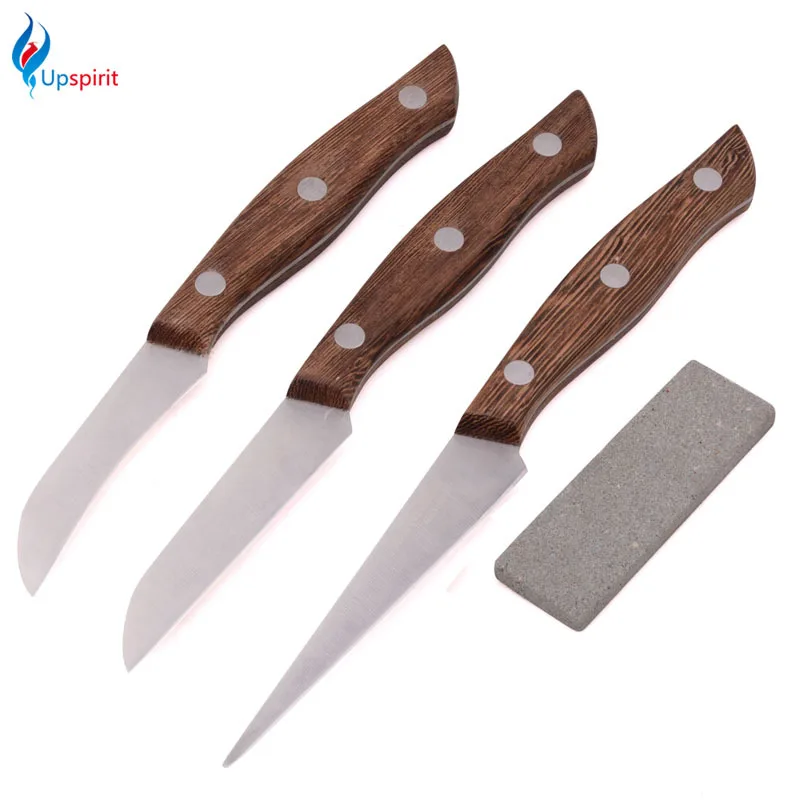 Upspirit 3Pcs Wood Handle Stainless Steel Fruit Carving Knives Kitchen