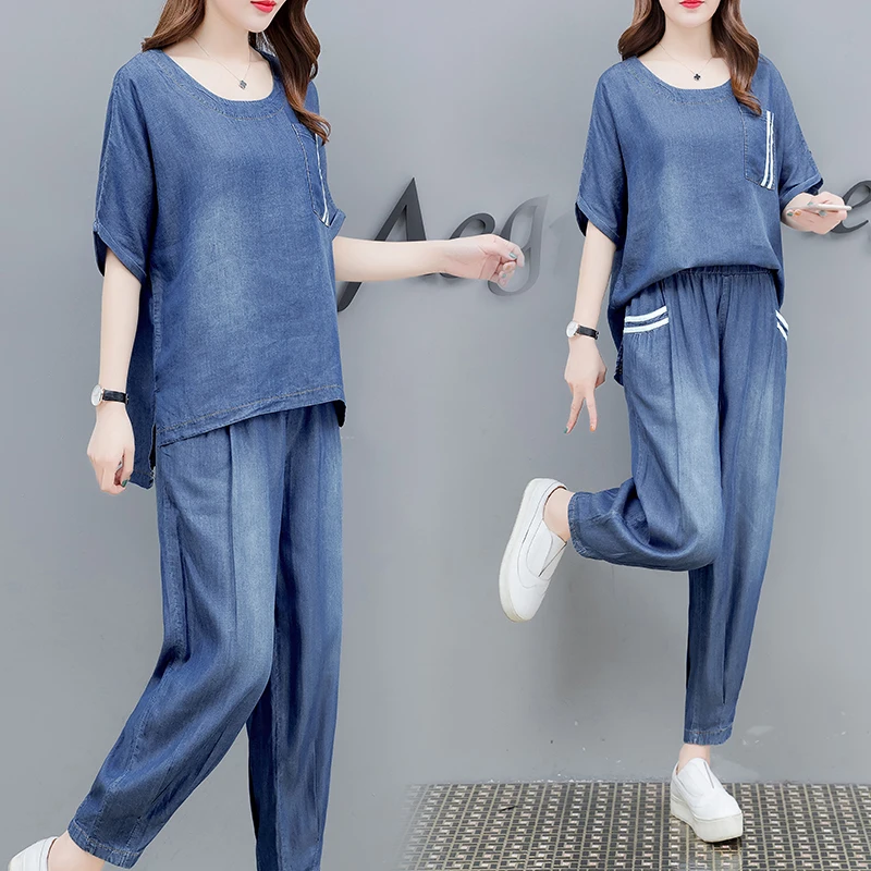 

Tracksuit For Women Plus Size 2019 Summer New Fashion Loose Denim Short Sleeve Top + Long Pant Suit Casual Two Piece Set Female