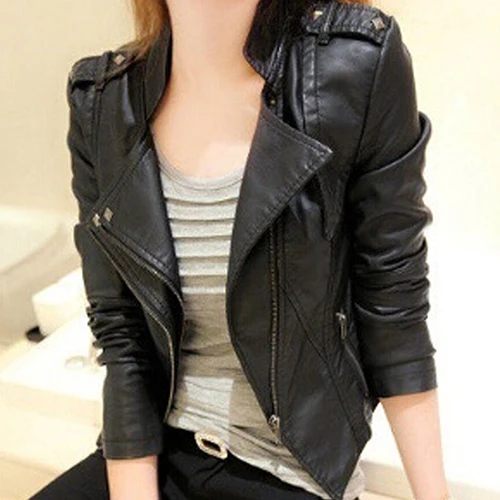 

Women Fashion Faux Leather Jacket Turn -Down Collar Short Coat Slim Fit Top