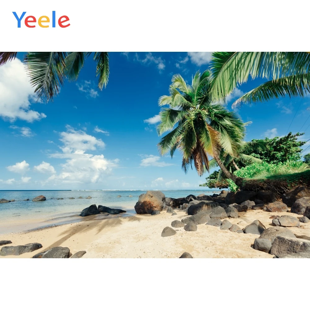 

Yeele Sky Cloud Stone Sea Beach Palm Tree Trip Summer Photography Backgrounds Customized Photographic Backdrops for Photo Studio