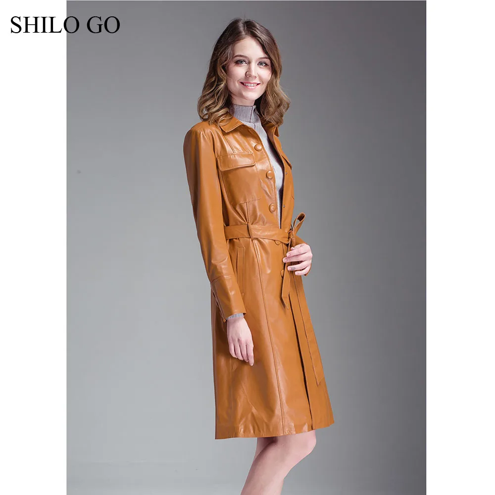 SHILO GO кожаный Тренч, осенняя мода, овчина, натуральная кожа, длинное пальто, нагрудные кнопки, передний карман, кожаный ремень, кожаное пальто