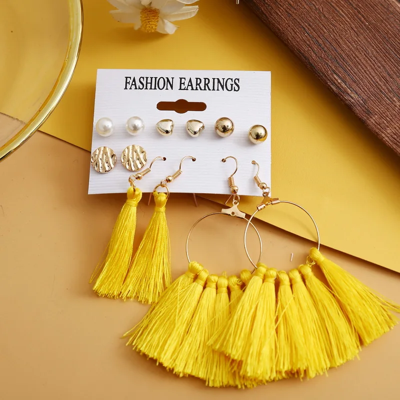 Belleper New Design Tassel Earring Sets Women Geometric Bohemian Gold Flower Long Tassel Earring Set Fashion Wedding Jewelry