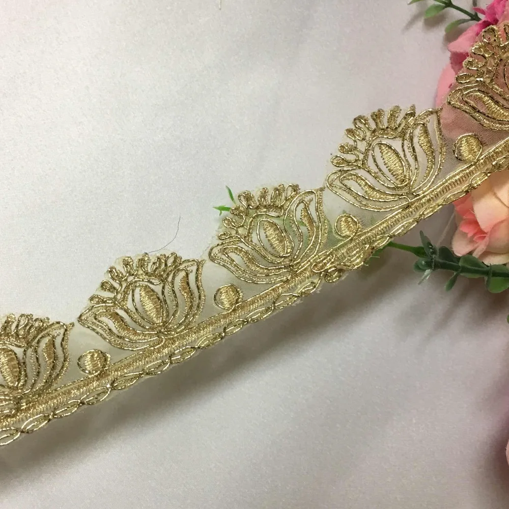 5Yards/lot gold lace trim delicate 3.5CM width embroidered organza lace