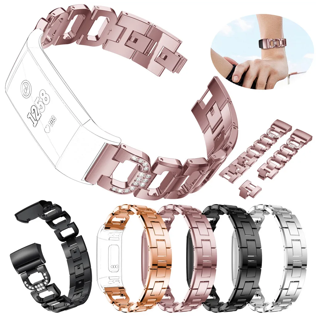 

SmartWatch Smart Watch Strap Smartband mi band D Word Metal Bracelets Replacement Adjustable Straps Crystal For Fitbit Charge 3