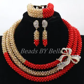 

Handmade Beaded Nigerian Wedding Jewelry Set Amazing Red Bridal Crystal Necklace Set Dubai Gold Jewellery Free Shipping ABK899