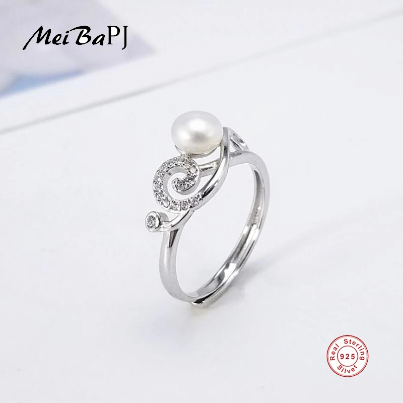 

[MeiBaPJ] Simple Fashion 925 Sterling Silver Ring Natural Freshwater Pearl Ring for Women Fine Charm Jewelry Gift Box