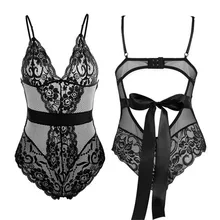 Sexy głębokie V koronkowe body damskie bez rękawów solidna letnia moda kombinezon Backless Leotard body z kokardą z tyłu krawat One Piece New