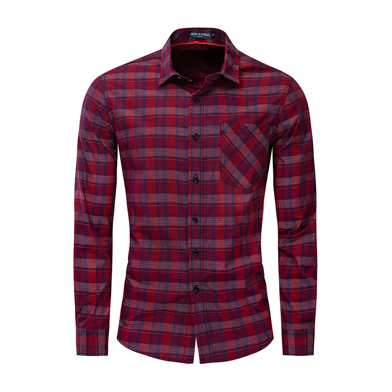 

2019 New Fashion Men's Plaid Shirt Cotton Casual Long-sleeved Shirt Men's Shirt Pocket Decorative Shirt Top