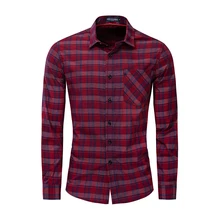 2019 New Fashion Men's Plaid Shirt Cotton Casual Long-sleeved Shirt Men's Shirt Pocket Decorative Shirt Top