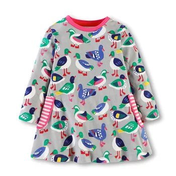 

3-12Years Kids Baby Girl Dress printed animal with pockets long sleeve Dresses hot selling Outfits Casual Children Clothing
