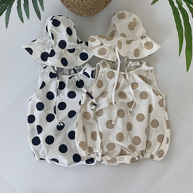 

1777 Summer-style Korean Baby Dot Cotton-linen Sleeveless Jumpsuit For Boys And Girls With Refreshing Little Hats