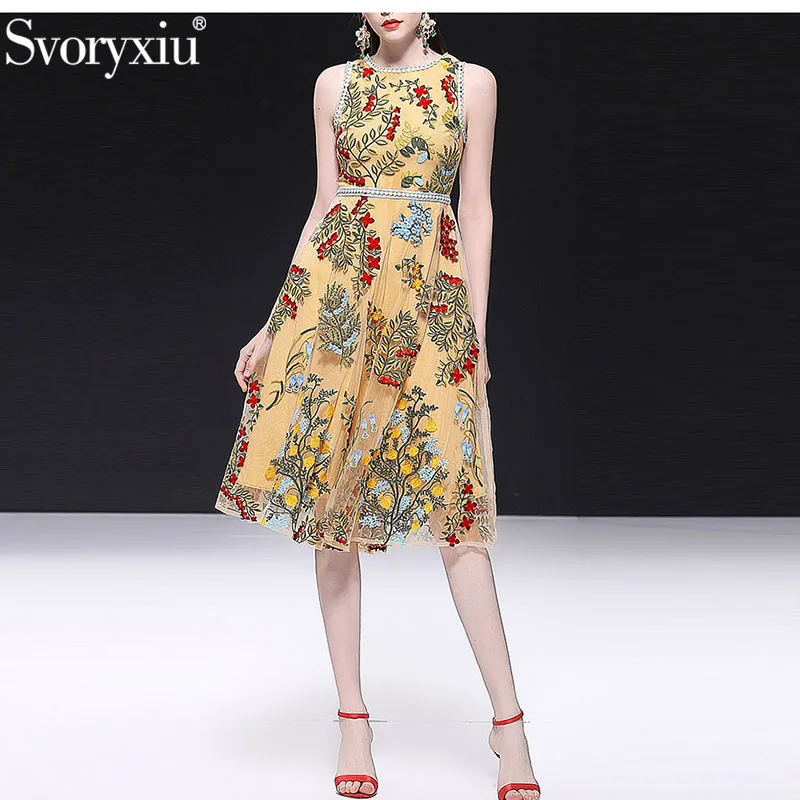 

Svoryxiu Elegant Mesh Flower Embroidery Sleeveless Midi Dress Women's 2019 Runway Designer Summer Party Dresses Vestdios