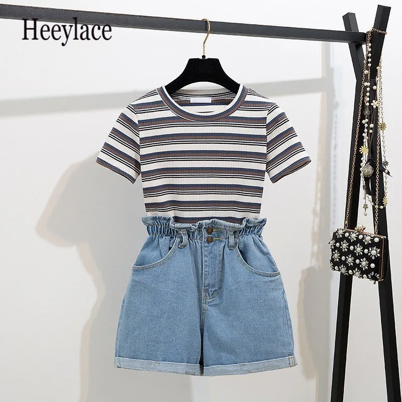

2019 Newest Summer Women Short Sleeve Ice silk sweater T-shirt+ Fashion Leisure Elastic waist jeans flares 2 Piece Women Set