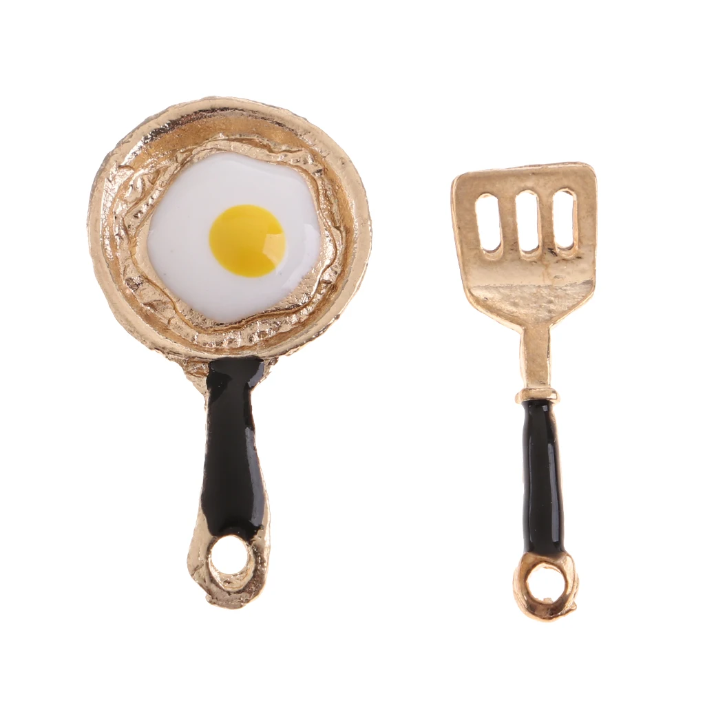 2 Pieces Miniature Frying Egg Pan Fork Set for 1/12 Dolls House Kitchen Cookware Accessories Kids Kitchen Play Toy Black