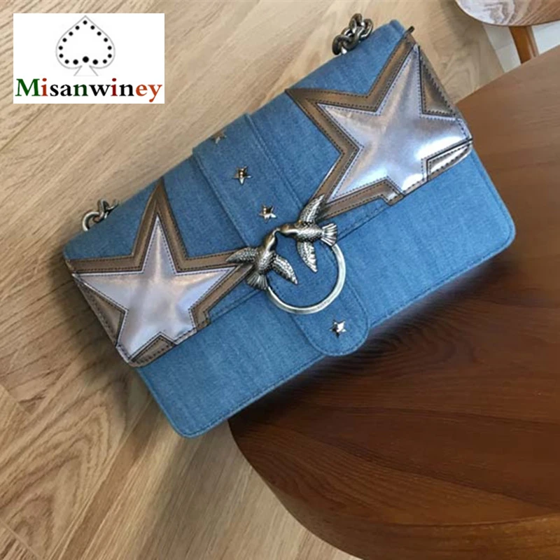

Fashion Women Denim Canvas Chain Five-star Rivet Shoulder Messenger Bags Swallow Locks Designer Bag Lady Clutch Purse Sac A Main