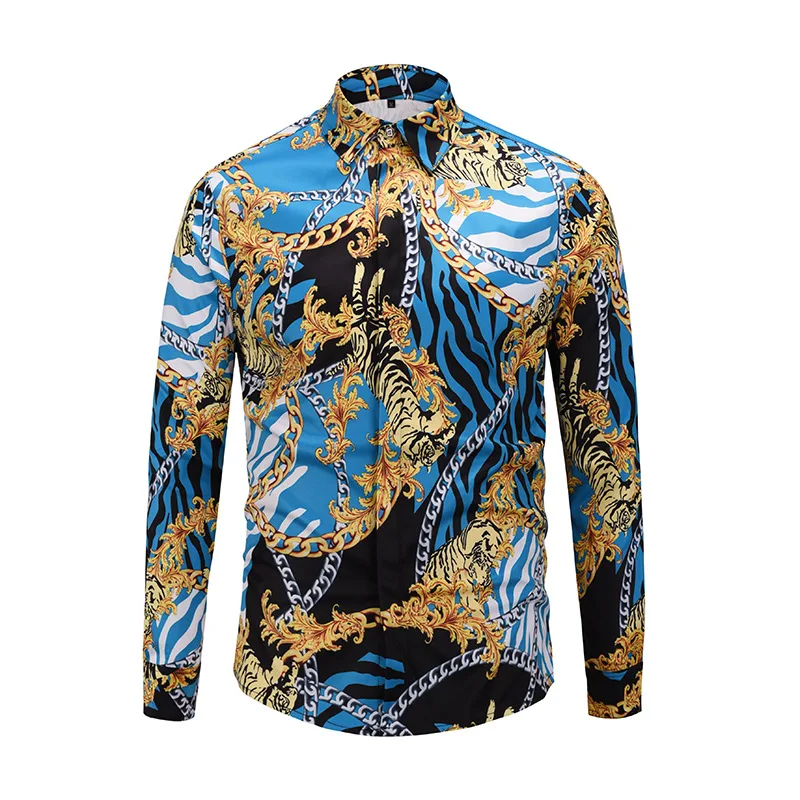 

2019 New Arrival Men Shirts 3D Fashion Tiger Design Printed Englnd Style Long Sleeve Covered Button M to XXL Casual Famous Brand