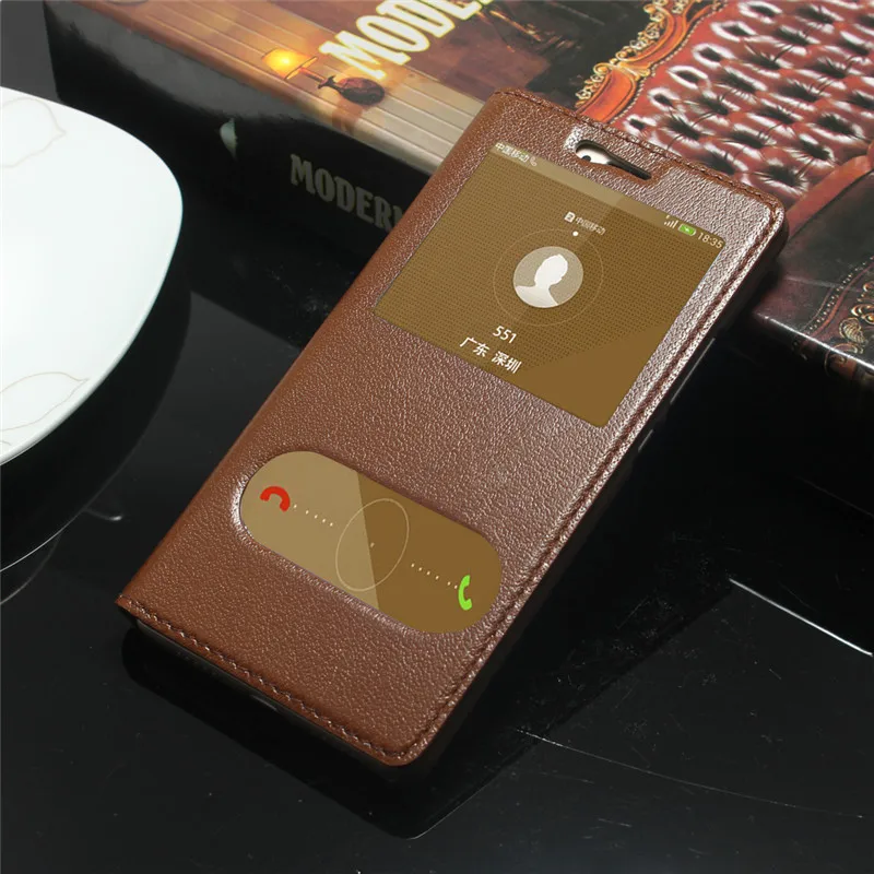 

CYBORIS for Huawei P8 Lite Case Genuine Real Cow Leather Case for Huawei P9 Lite Window View Stand Flip Cover