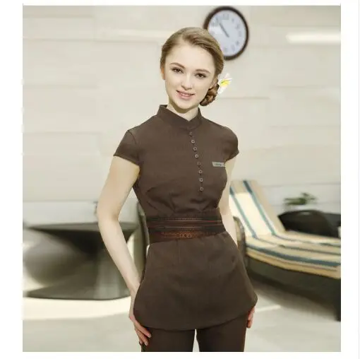 

Latest Clothing 2016 Custom Apparel Coffee Three-Quarter Sleeve SPA Uniforms Female Salon Work wear Beauty Embroidered Clothing