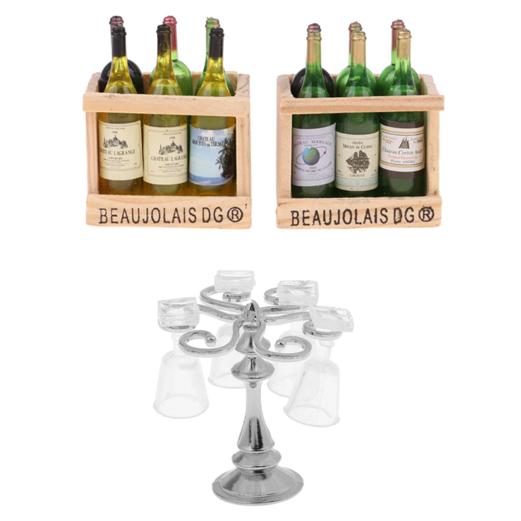 1:12 Dolls House Miniature Metal Silver Cup Rack With Goblets & Beer Drink Bottles Models For Mini Bar Pub Life Scene Ornament
