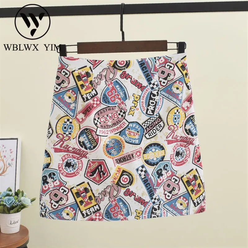

Fashion cartoon print short skirts women Loose High waist Korean A-Line skirts female 2019 Summer Streetwear casual mini skirt