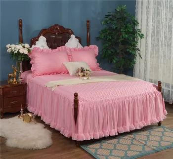 

Quilted Cotton Soft Bed set Solid Pink Cream Double Layer Lace Spilt Bedskirt Girls Ruffle Lace Bedding Set Queen King size